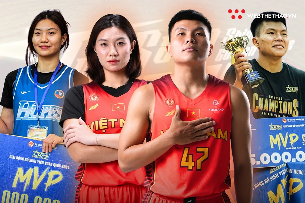 Mầu Thị Như Quỳnh và Huỳnh Trực Nhân, hai cầu thủ từng đoạt danh hiệu MVP chung kết toàn quốc tại NUC đã cùng góp mặt ở đội tuyển quốc gia Việt Nam thi đấu SEA Games 2025. Ảnh: Tùng Đặng