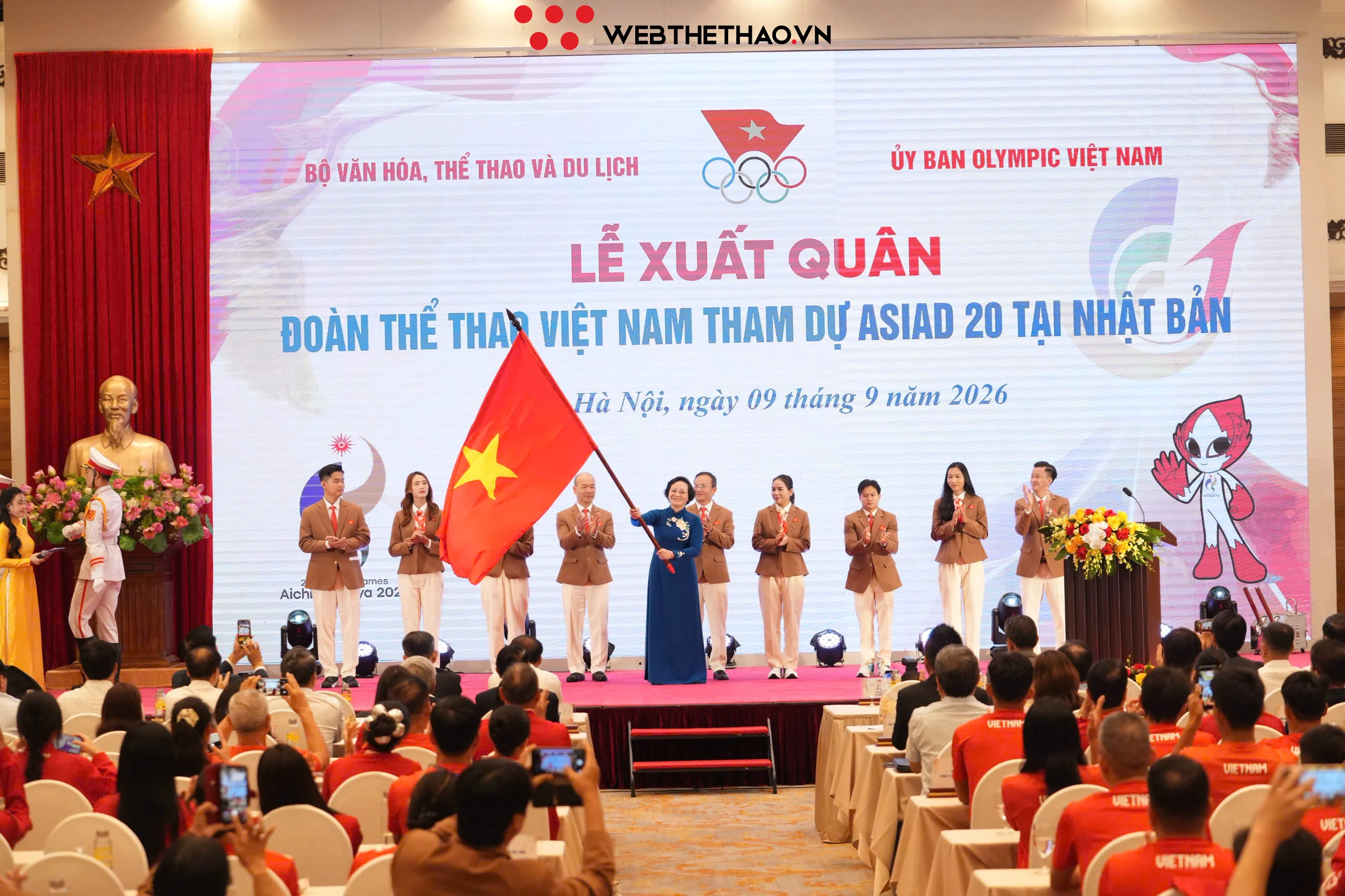 Chiều nay 9/9 tại Hà Nội, Bộ Văn hóa Thể thao và Du Lịch, Uỷ ban Olympic Việt Nam đã long trọng tổ chức Lễ xuất quân Đoàn Thể thao Việt Nam dự ASIAD 20 tại Nagoya, Nhật Bản